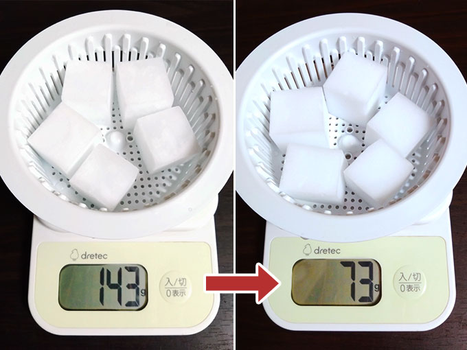 5個のスポンジを用意し水を含ませて計量し脱水効果を実験