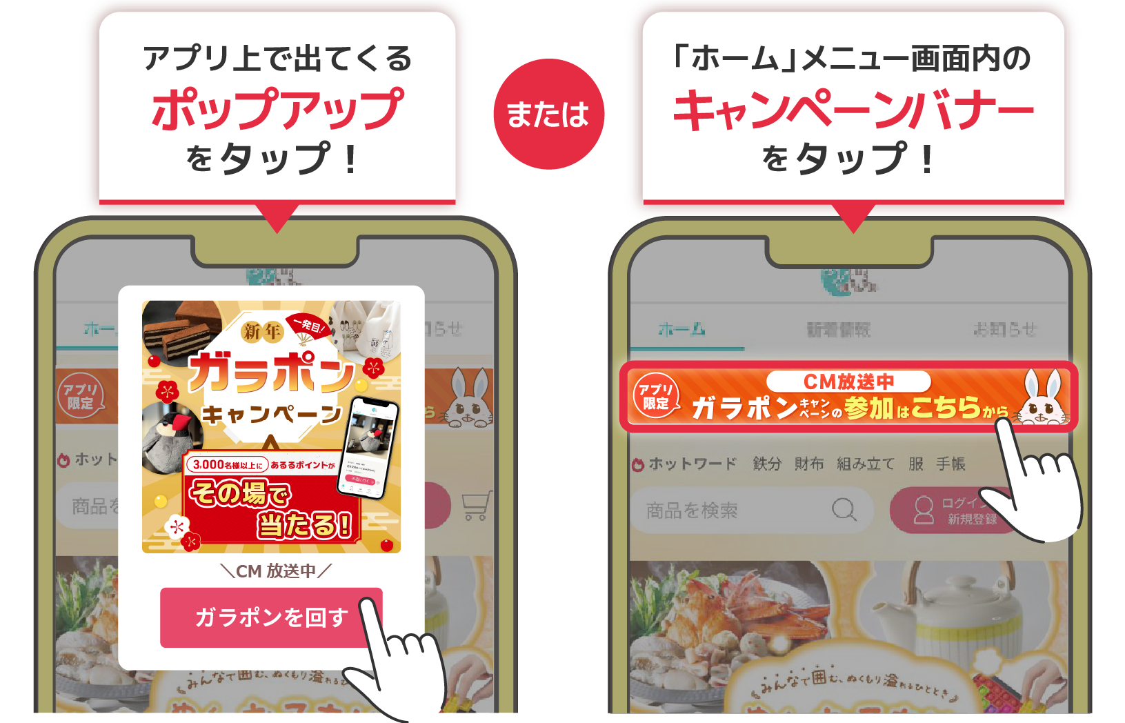 アプリ上で出てくるポップアップまたは、「ホーム」メニュー内のキャンペーンバナーをタップ！
                        