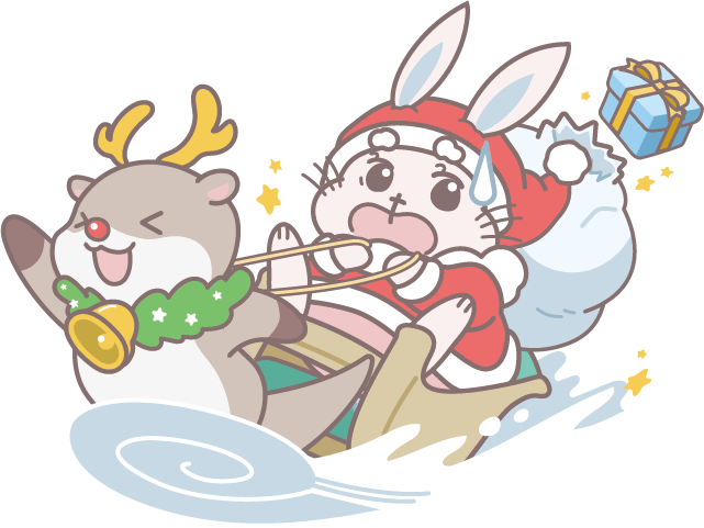 トナカイ姿のかわちゃんが引くそりに乗ったあるうさサンタのイラスト