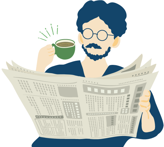 新聞を読みながらマグカップでコーヒーを飲んでいるお父さんのイラスト
