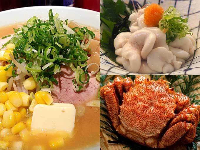 北海道名物の毛ガニ、白子、ラーメン