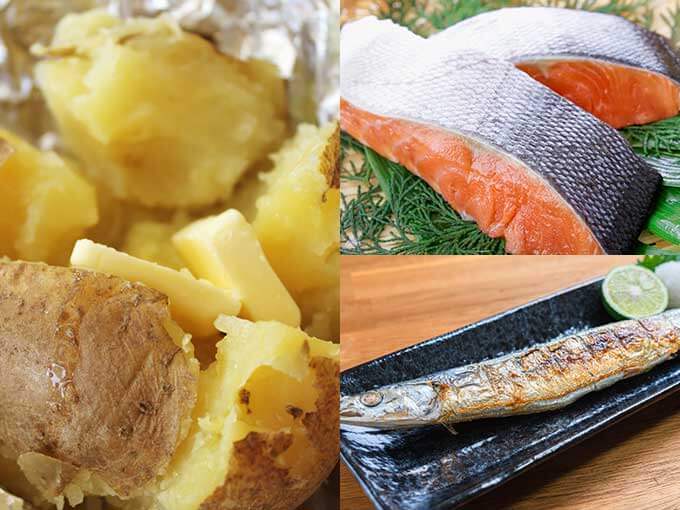 北海道名物の秋鮭、じゃがいも、さんま