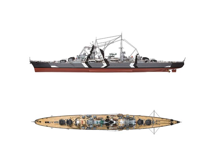 横と上から見たプリンツ・オイゲンの模型