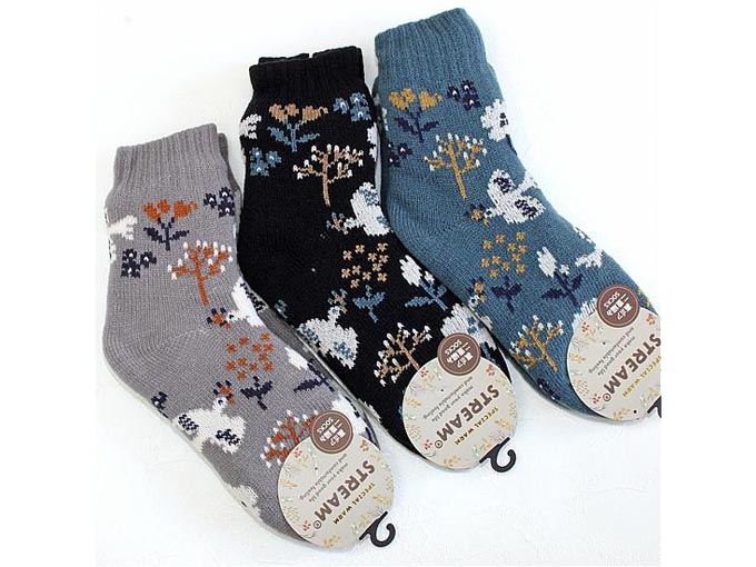 STREAM　裏ボア2重編みルームソックス(花とトリ)