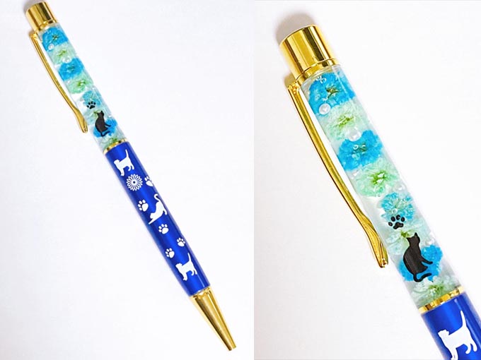 猫柄ハーバリウムボールペン　ブルー