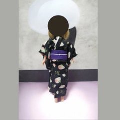 1/6ドール用 着物＆帯 2点セット 黒うさぎ柄 ちりめん 和装アウトフィット 22cmドール対応 紫帯付き ハンドメイド 和風 和柄 和服 ドール服 かわいい うさぎ柄 小物 撮影 コレクション プの画像