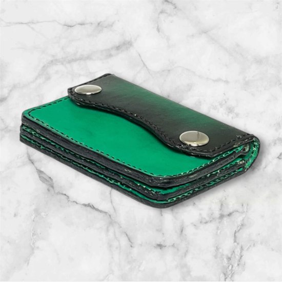本革 ミニウォレット ハンドメイド 日本製 メンズ レディース セカンド 経年変化 楽しめる フラップ付 サブ 財布 緑 黒 グラデーション画像