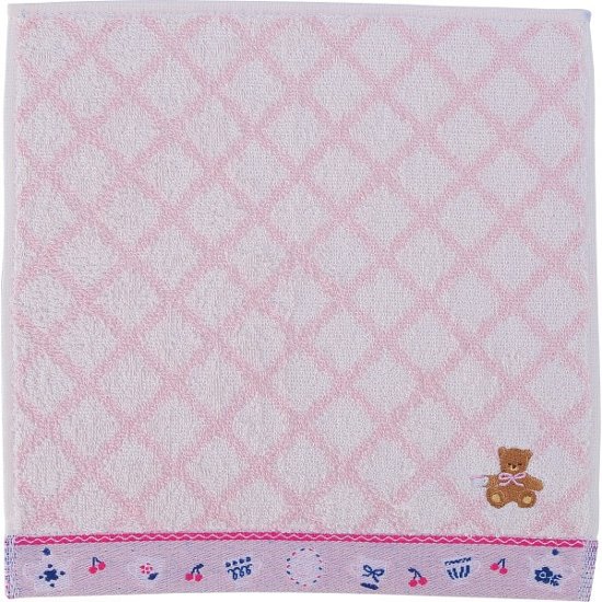 ロッティ　婦人タオルハンカチ チェック×くま刺繍ピンク RTT-64 PI画像