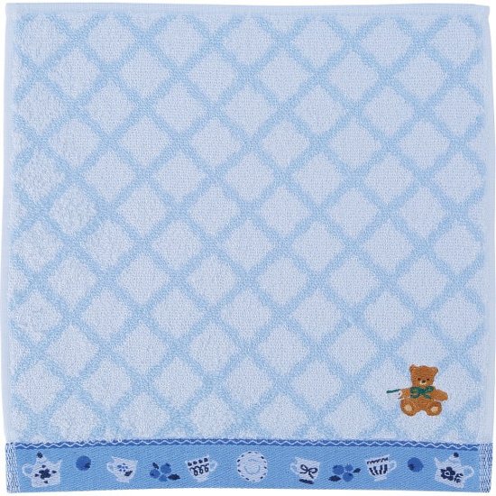 ロッティ　婦人タオルハンカチ チェック×くま刺繍ブルー RTT-64 BL画像