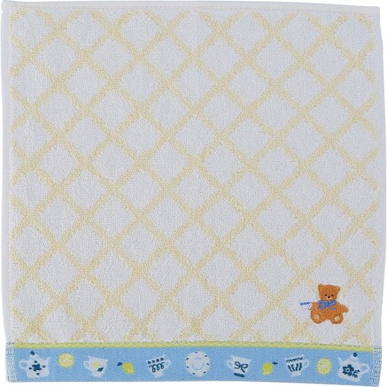 ロッティ　婦人タオルハンカチ チェック×くま刺繍イエロー RTT-64 YE画像