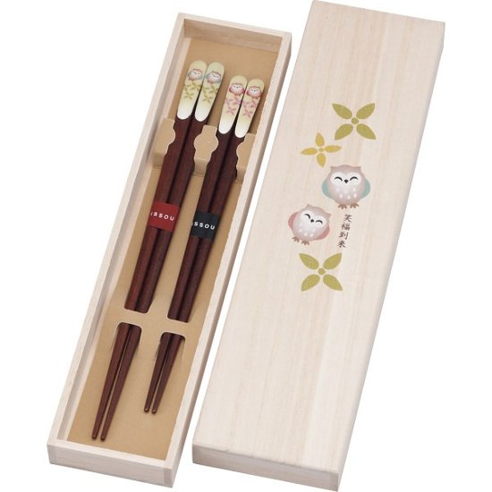 吉兆桐箱入　夫婦箸　 笑ふくろう 39288 画像