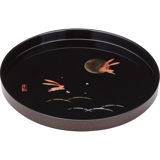 紀州塗　月とうさぎ　８寸丸盆 黒 26495画像