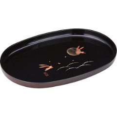 紀州塗　月とうさぎ　尺４長手盆 黒 26525の画像