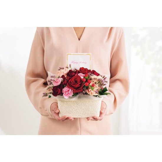バースデーフラワー（生花アレンジ）（お名入れ） スィートレッド 1707316画像