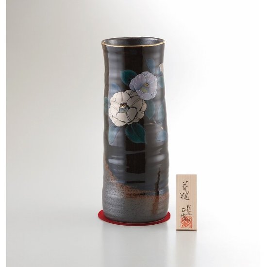 美濃焼　１０号黒伊賀長花瓶　プラチナ山茶花 YJ15‐05S画像