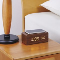 ワイヤレス充電機能付木製デジタルクロック ダークブラウン画像