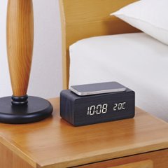 ワイヤレス充電機能付木製デジタルクロック ブラック画像