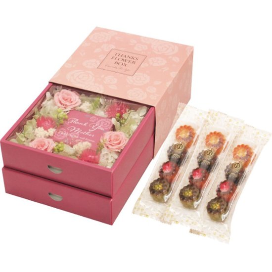 【母の日専用】スイーツ＆フラワーＢＯＸ　銀座ミニカヌレ商品のお届け期間：5.6(水)～5.10(日)。5月6日以降のご注文は「遅れてごめんね」対応となります。画像