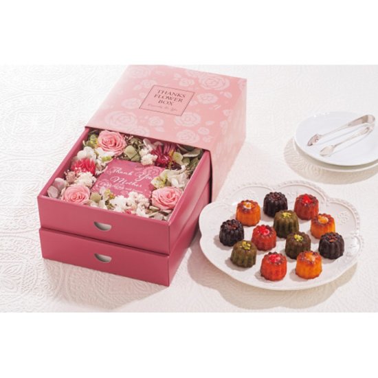 【母の日専用】スイーツ＆フラワーＢＯＸ　銀座ミニカヌレ商品のお届け期間：5.6(水)～5.10(日)。5月6日以降のご注文は「遅れてごめんね」対応となります。画像