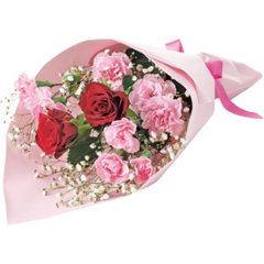 【母の日専用】母の日　バラとスプレーカーネーションの花束商品のお届け期間：5.6(水)～5.10(日)。5月6日以降のご注文は「遅れてごめんね」対応となります。の画像