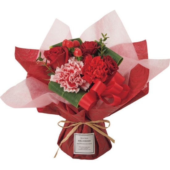 【母の日専用】そのまま飾れる　母の日ブーケ レッド商品のお届け期間：5.6(水)～5.10(日)。5月6日以降のご注文は「遅れてごめんね」対応となります。画像