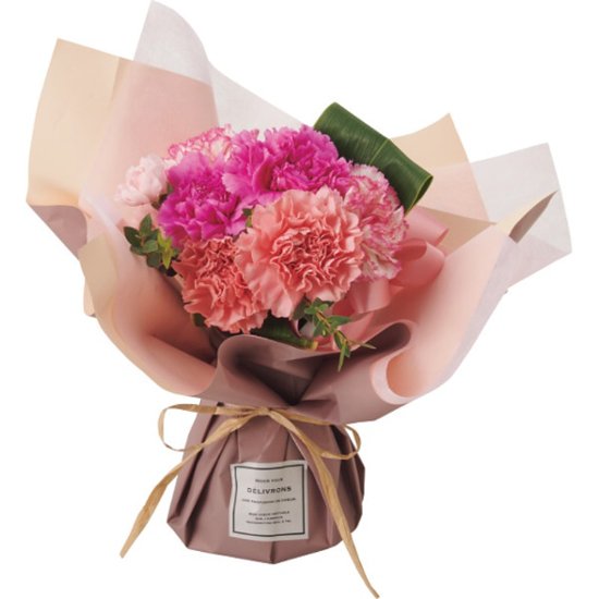 【母の日専用】そのまま飾れる　母の日ブーケ ピンク商品のお届け期間：5.6(水)～5.10(日)。5月6日以降のご注文は「遅れてごめんね」対応となります。画像