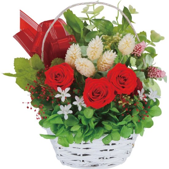 【母の日専用】プリザーブドフラワー籠入り レッド商品のお届け期間：5.6(水)～5.10(日)。5月6日以降のご注文は「遅れてごめんね」対応となります。画像
