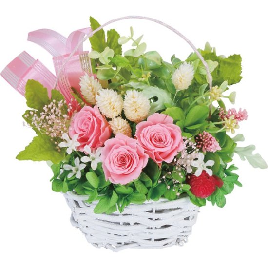 【母の日専用】プリザーブドフラワー籠入り ピンク商品のお届け期間：5.6(水)～5.10(日)。5月6日以降のご注文は「遅れてごめんね」対応となります。画像