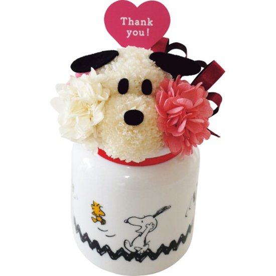 【母の日専用】お花スヌーピーＺｉｇｚａｇ　Ｔｈａｎｋ　ｙｏｕ（プリザーブドフラワー）商品のお届け期間：5.6(水)～5.10(日)。5月6日以降のご注文は「遅れてごめんね」対応となります。画像