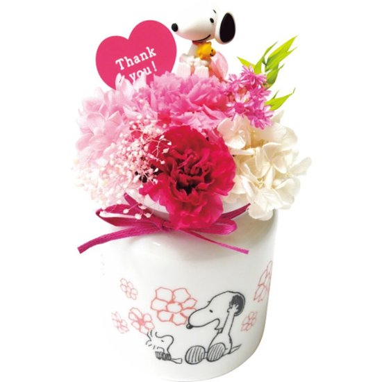 【母の日専用】スヌーピーフラワーキャニスターＨＵＧ（プリザーブドフラワー）商品のお届け期間：5.6(水)～5.10(日)。5月6日以降のご注文は「遅れてごめんね」対応となります。画像