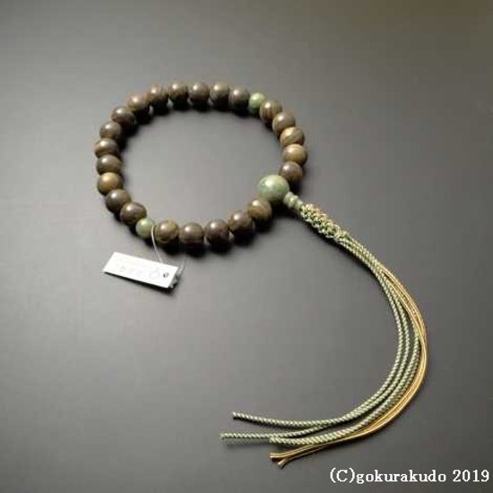 数珠 男性用 主玉リグナムバイタ(緑壇)23個入り（親・2天・ボサ）独山玉 正絹紐房画像