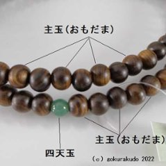 数珠 真言宗 尺2 主玉(おもだま)栴檀、 (親・四天・つゆ)翡翠(アベン) 茶利休房画像