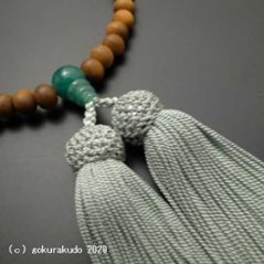 数珠 女性用 主玉白檀7mm、(親・２天・ボサ)翡翠(アベン)入り 正絹頭付房ひわ色画像