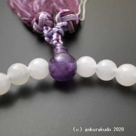 数珠 女性用 主玉ホワイトオニキス7mm玉 紫水晶仕立 花かがり正絹房画像