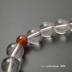 数珠ブレス 親・2天メノウ(親玉に般若心経彫り入り)、主玉透明水晶8mm、ピンクゴム通し画像