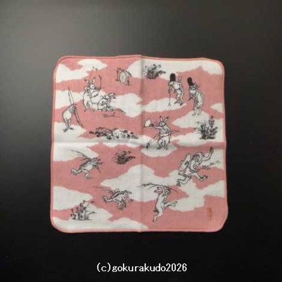 ガーゼタオルハンカチ 鳥獣人物戯画（猿追い）ピンク画像