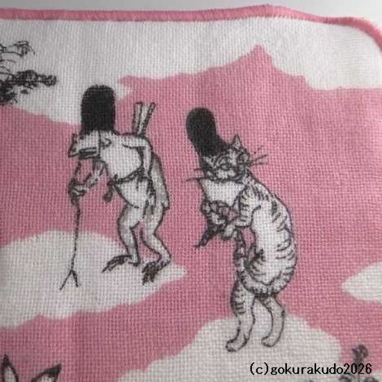 ガーゼタオルハンカチ 鳥獣人物戯画（猿追い）ピンク画像