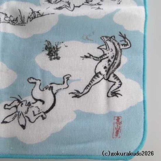 ガーゼタオルハンカチ 鳥獣人物戯画（相撲）ブルー画像