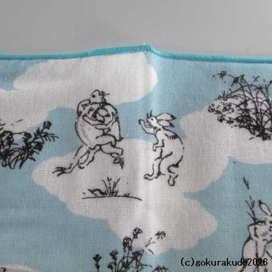 ガーゼタオルハンカチ 鳥獣人物戯画（相撲）ブルー画像