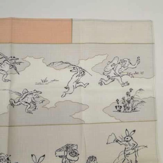 鳥獣人物戯画風呂敷〔50×50cm〕絵巻グリーンピンク 綿100％（日本製）画像