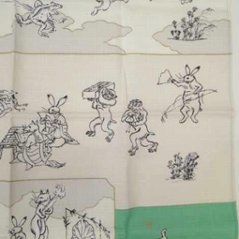 鳥獣人物戯画風呂敷〔50×50cm〕絵巻グリーンピンク 綿100％（日本製）画像