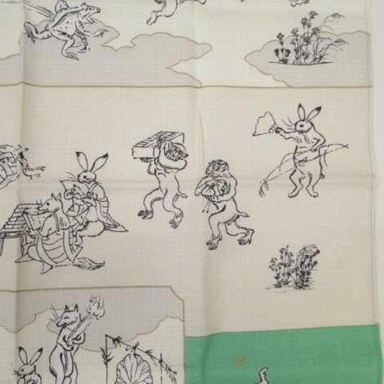 鳥獣人物戯画風呂敷〔50×50cm〕絵巻グリーンピンク 綿100％（日本製）画像