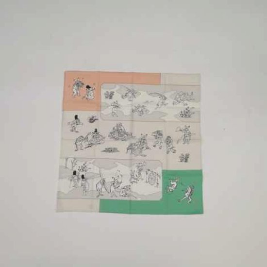 鳥獣人物戯画風呂敷〔50×50cm〕絵巻グリーンピンク 綿100％（日本製）画像