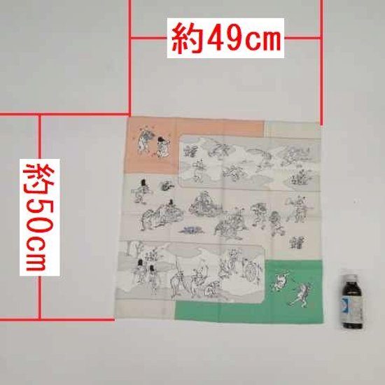 鳥獣人物戯画風呂敷〔50×50cm〕絵巻グリーンピンク 綿100％（日本製）画像