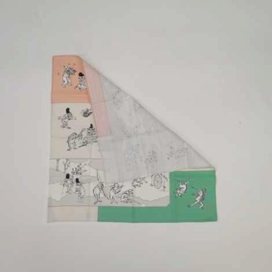 鳥獣人物戯画風呂敷〔50×50cm〕絵巻グリーンピンク 綿100％（日本製）画像