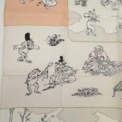 鳥獣人物戯画風呂敷〔50×50cm〕絵巻グリーンピンク 綿100％（日本製）画像