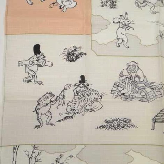 鳥獣人物戯画風呂敷〔50×50cm〕絵巻グリーンピンク 綿100％（日本製）画像