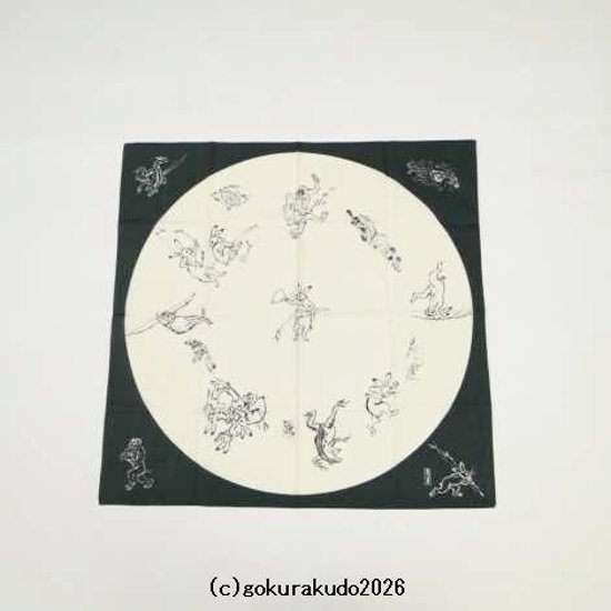 鳥獣人物戯画風呂敷〔68×68cm〕相撲 丸窓 モスグリーン 綿100％（日本製）画像