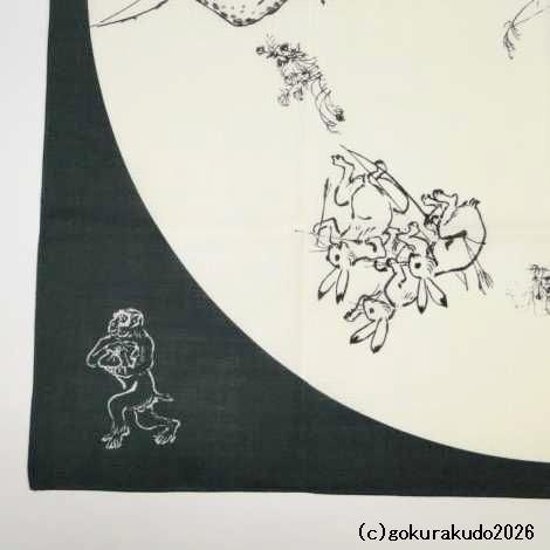 鳥獣人物戯画風呂敷〔68×68cm〕相撲 丸窓 モスグリーン 綿100％（日本製）画像