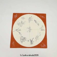 鳥獣人物戯画風呂敷〔68×68cm〕相撲 丸窓 アカ 綿100％（日本製）の画像